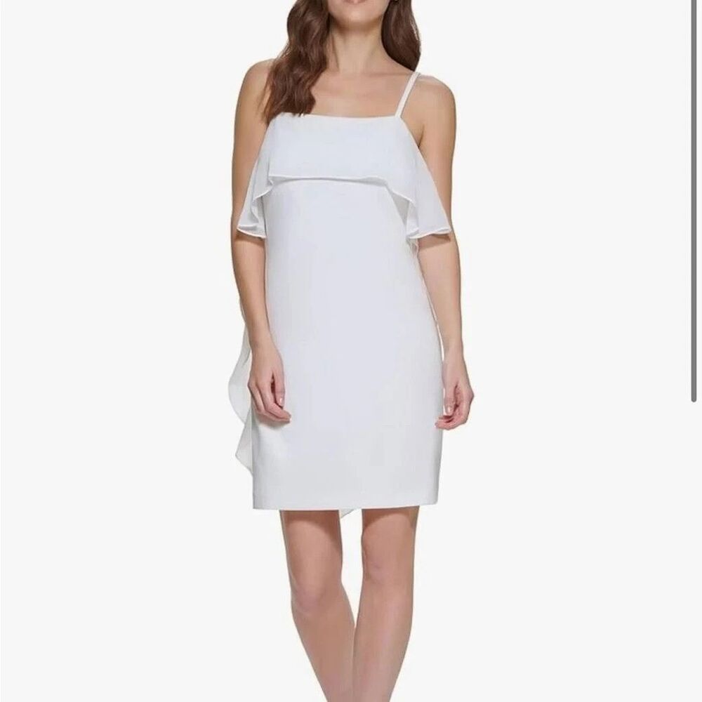 DKNY Sleeveless Square Neck Ruffle Mini Dress Women's 10 White Sorority Rush NWT